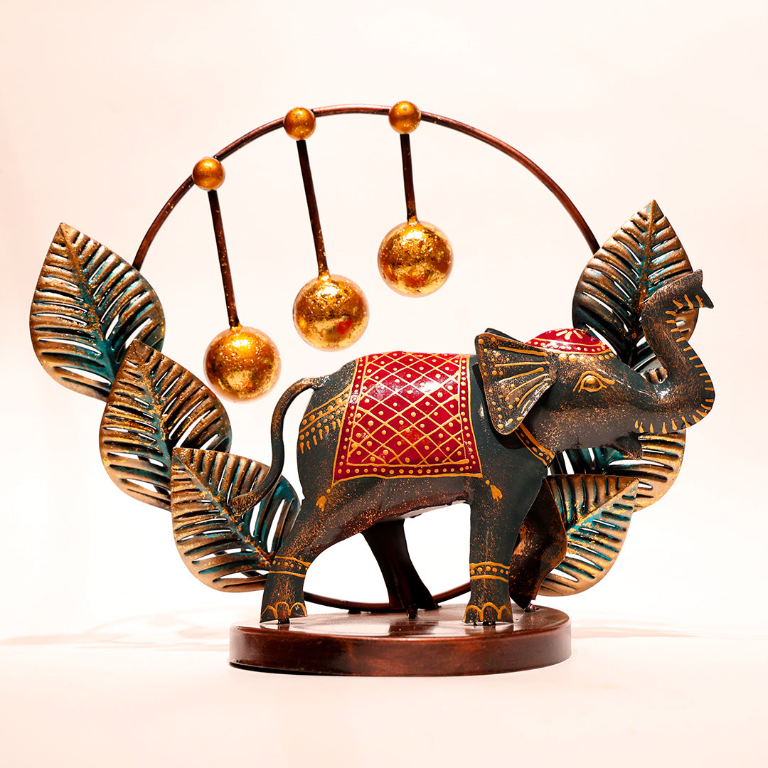 Hand-Painted Metal Elephant Décor with Golden Ornaments – Artistic Home Accent