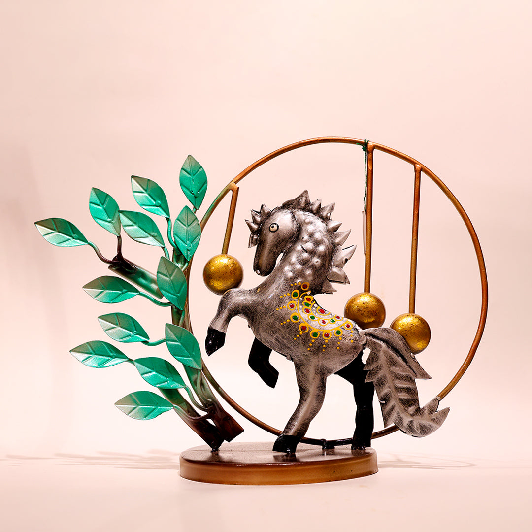 Handcrafted Metal Horse Pen Holder with Decorative Tree