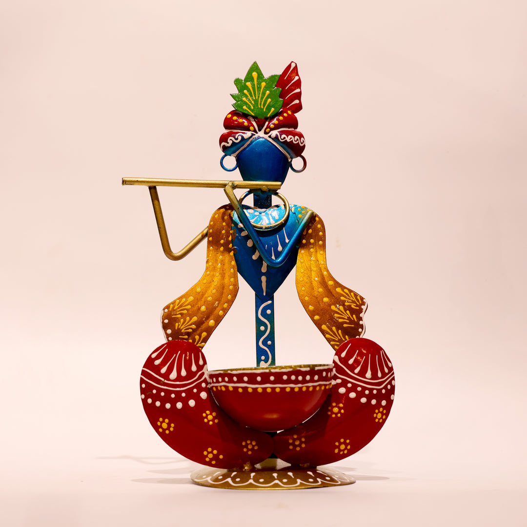 Handcrafted Metal Krishna Pen Holder with Flute Design