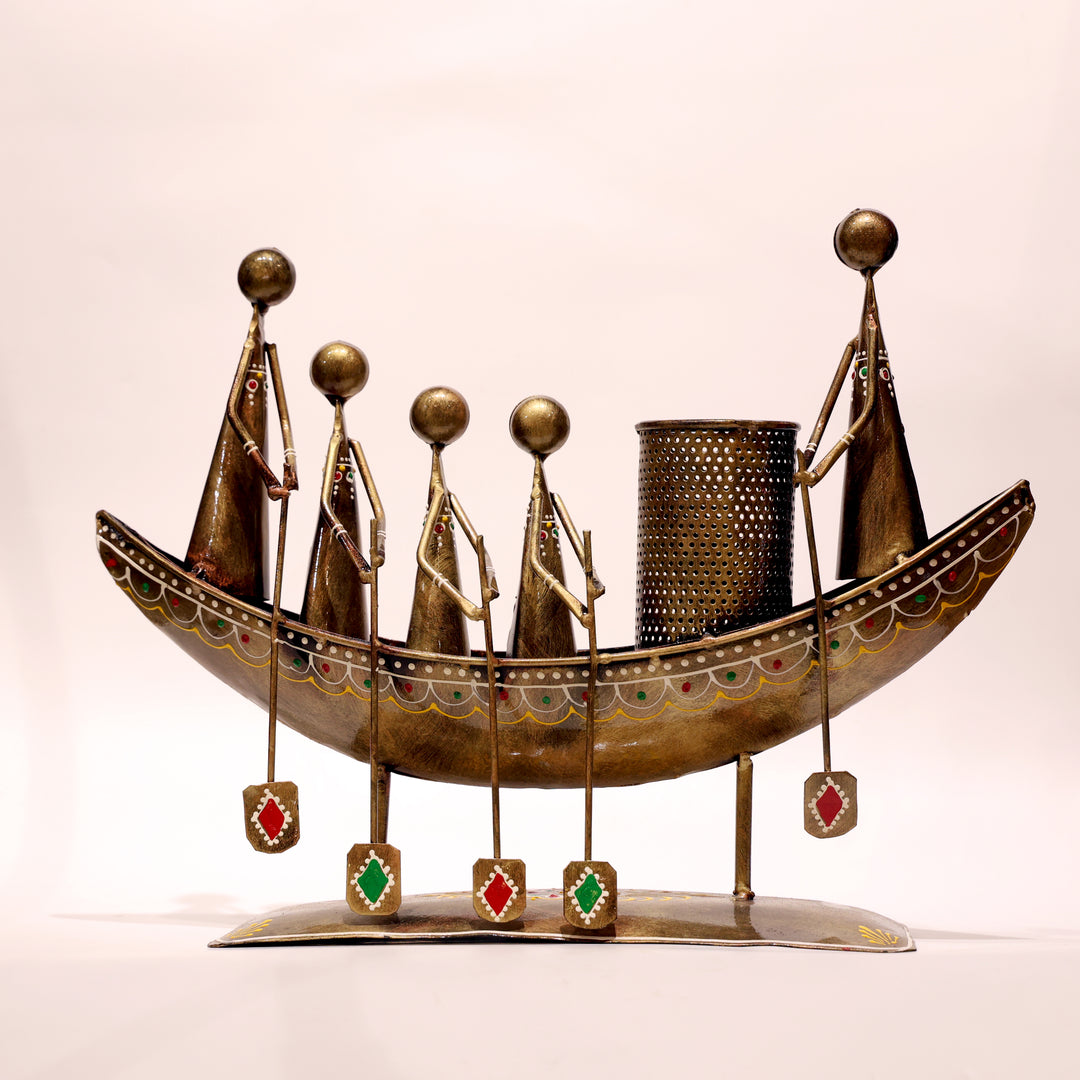 Handcrafted Metal Boat Pen Holder – Artistic Rowers Décor