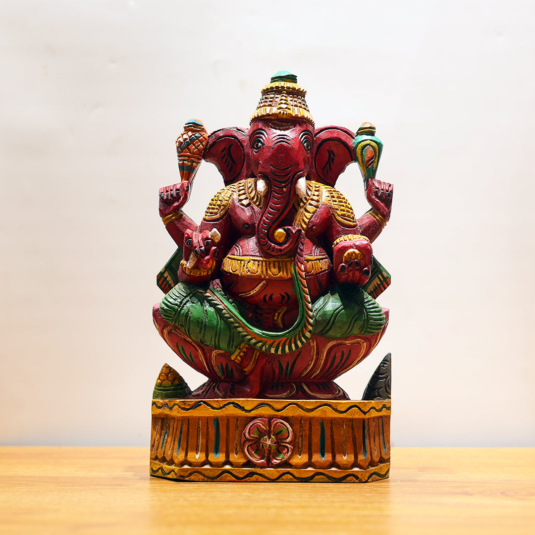 Wooden Red Seated Ganesha Carving