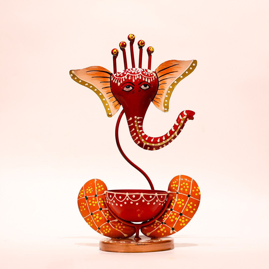 Hand-Painted Metal Ganesh T-Light Candle Holder – Artistic Décor Piece