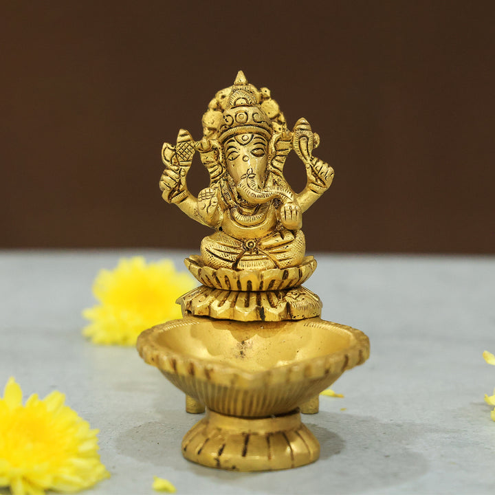4” Brass Ganesh Idol with Deepam – Blessings of Wisdom and Prosperity