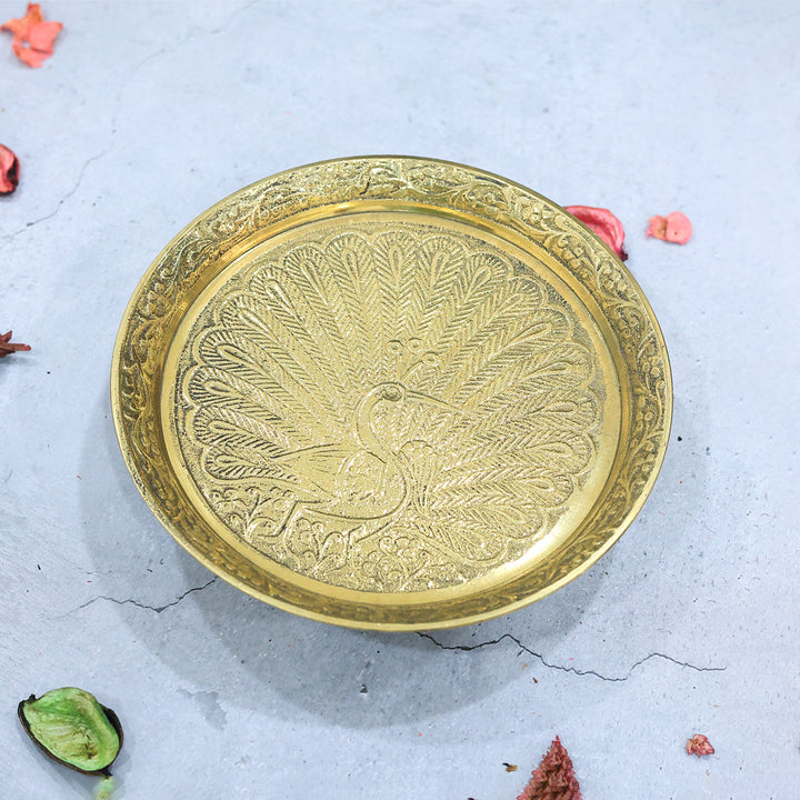 5.5" Wide Brass Plate with Peacock Design having a Stand