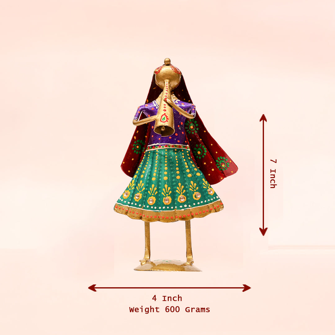 7" Hand-Painted Folk Girl Decor – Artistic Metal Figurine with Flute