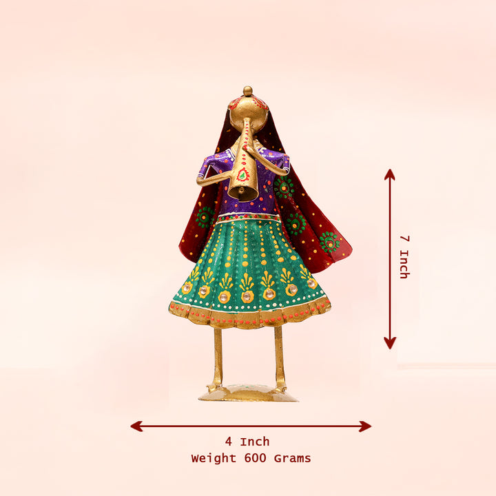 7" Hand-Painted Folk Girl Decor – Artistic Metal Figurine with Flute