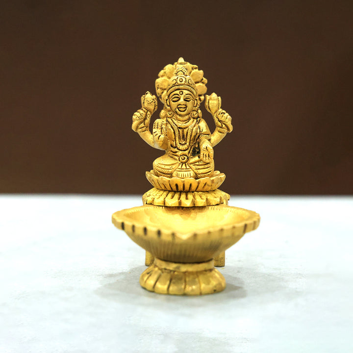 4” Divine Brass Lakshmi Idol With Deepam