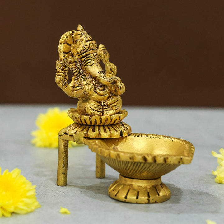 4” Brass Ganesh Idol with Deepam – Blessings of Wisdom and Prosperity