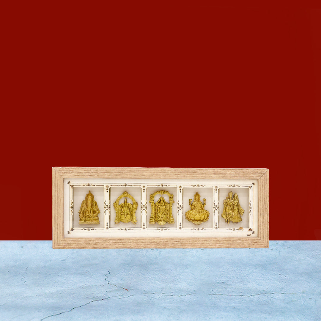 Multi-Deity Golden Relief Wooden Photo Frame – 6" x 16"