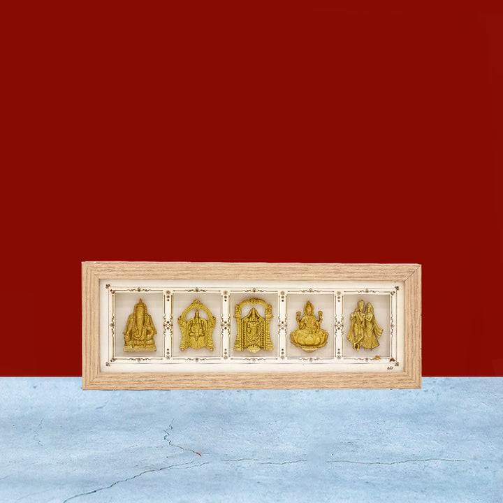 Multi-Deity Golden Relief Wooden Photo Frame – 6" x 16"