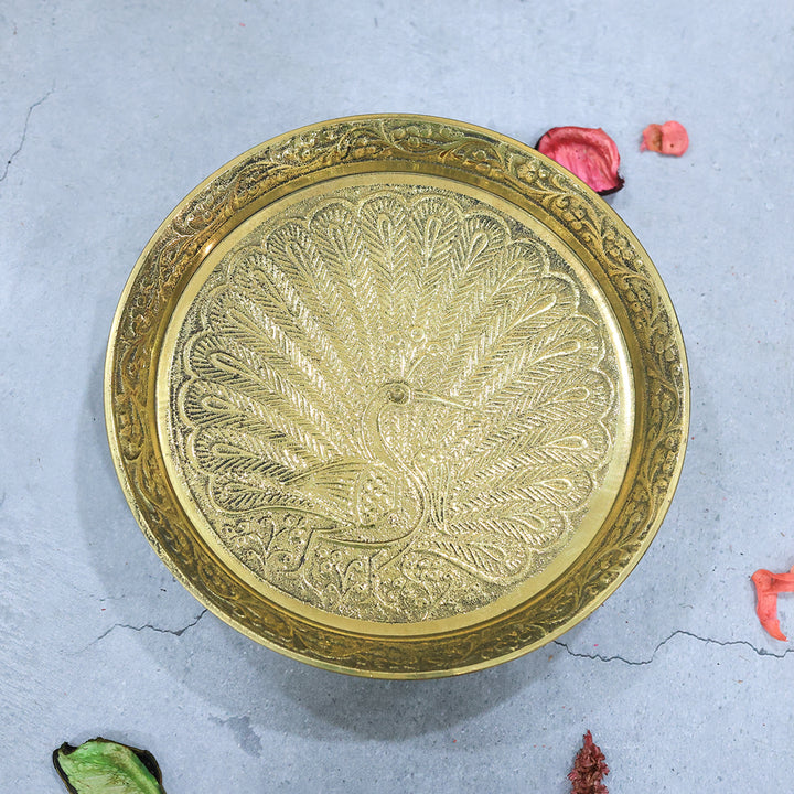 5.5" Wide Brass Plate with Peacock Design having a Stand