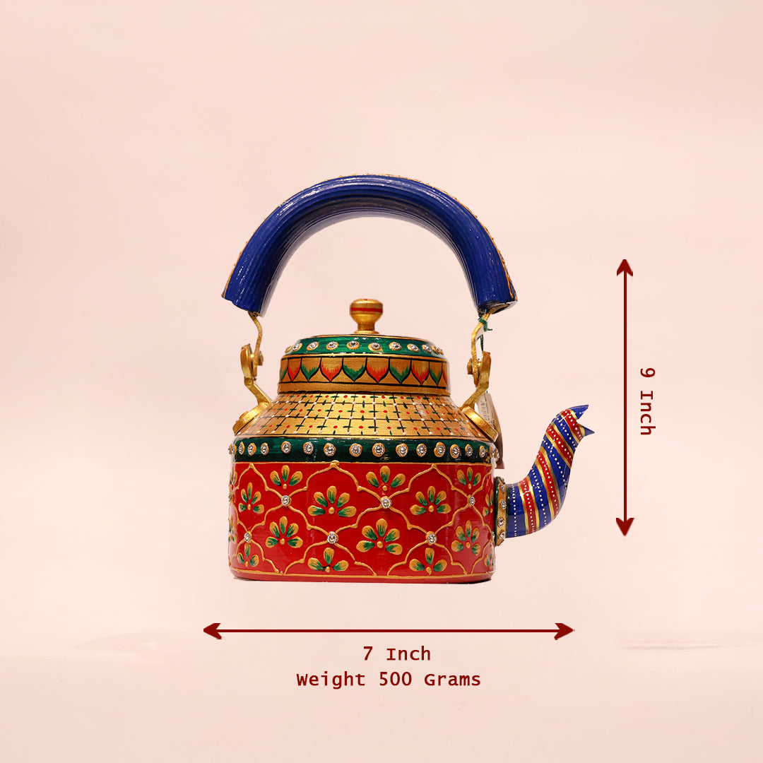 Painted Aluminium Tea Kettle with Six Glasses and Wooden Tray