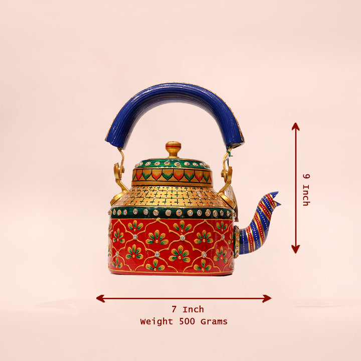 Painted Aluminium Tea Kettle with Six Glasses and Wooden Tray