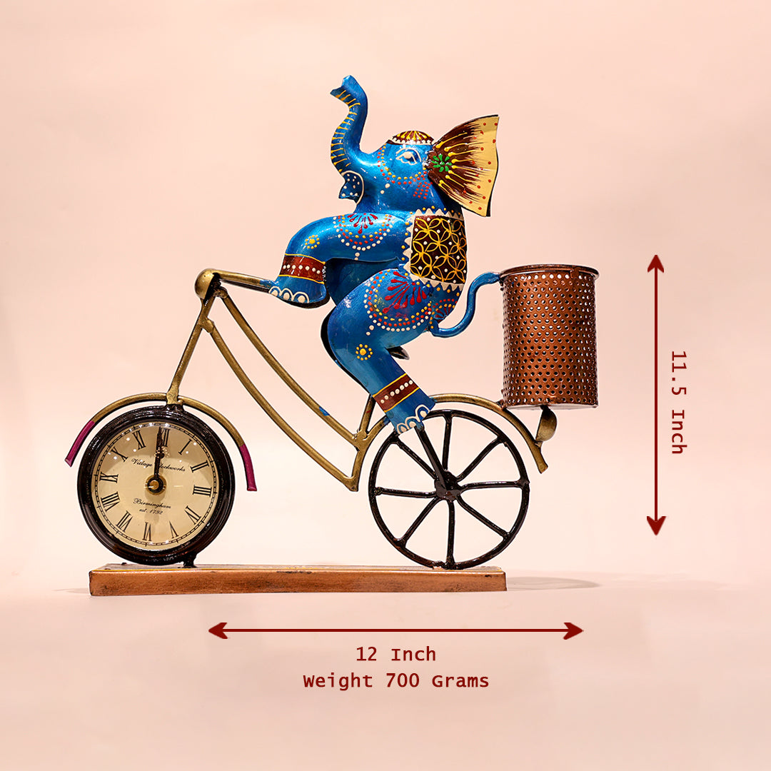Iron Cycle Desk Organizer with Elephant, Clock & Pen Stand