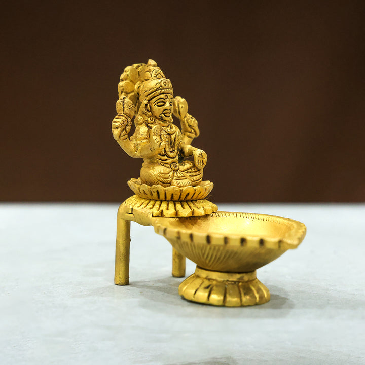 4” Divine Brass Lakshmi Idol With Deepam