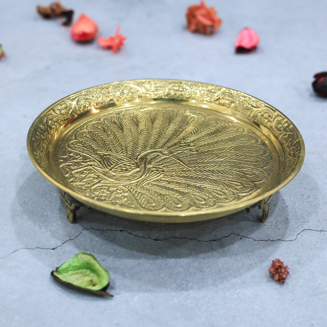 5.5" Wide Brass Plate with Peacock Design having a Stand