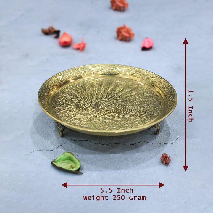 5.5" Wide Brass Plate with Peacock Design having a Stand