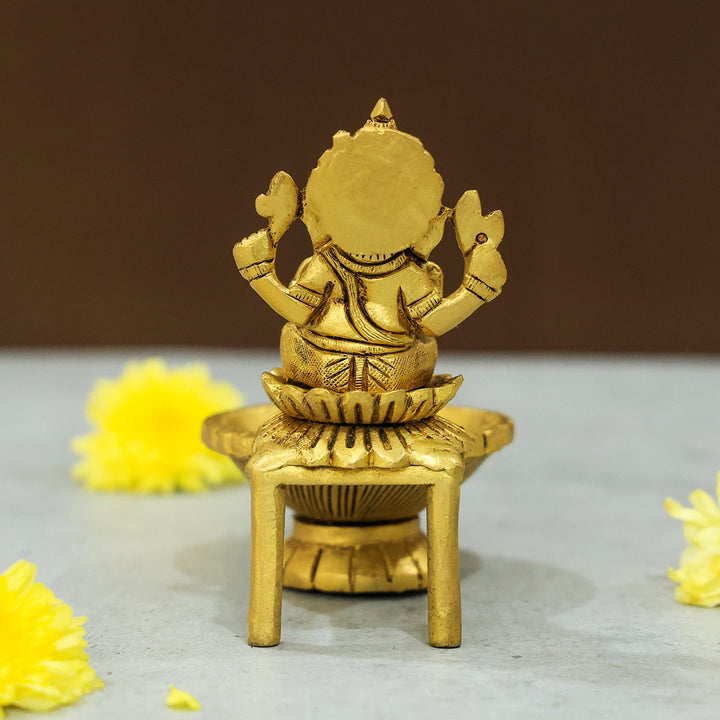 4” Brass Ganesh Idol with Deepam – Blessings of Wisdom and Prosperity