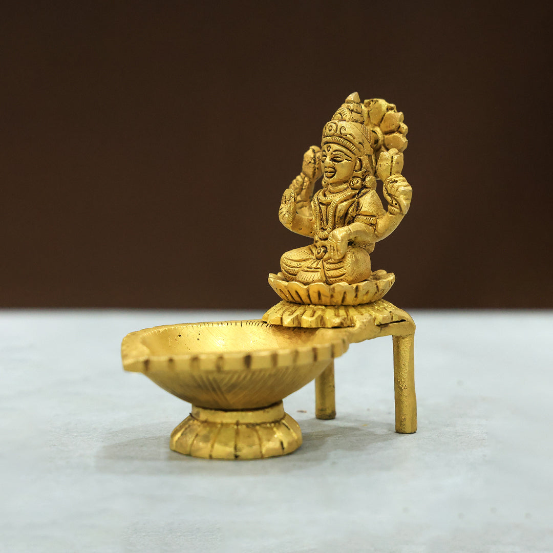 4” Divine Brass Lakshmi Idol With Deepam