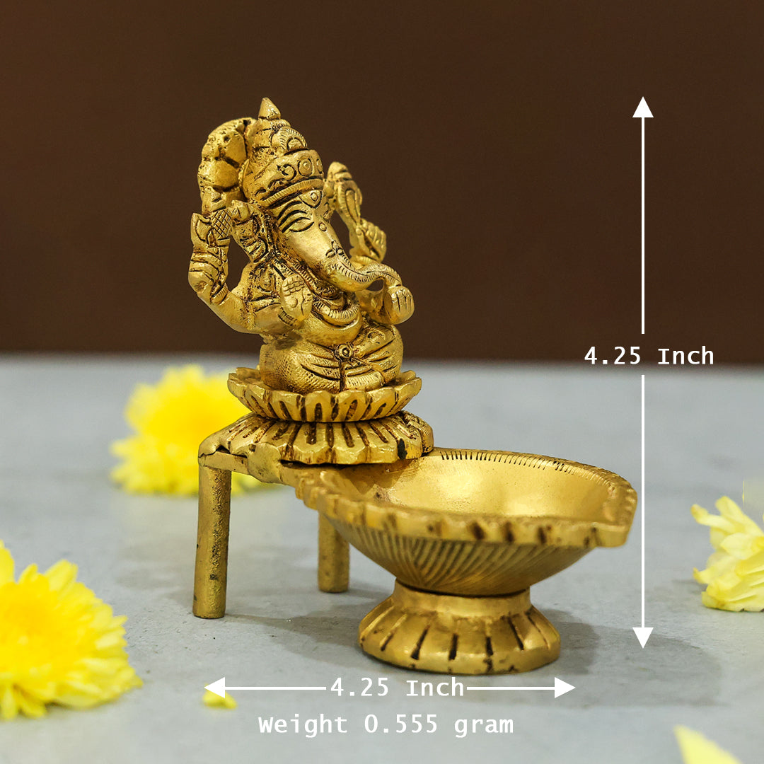 4” Brass Ganesh Idol with Deepam – Blessings of Wisdom and Prosperity