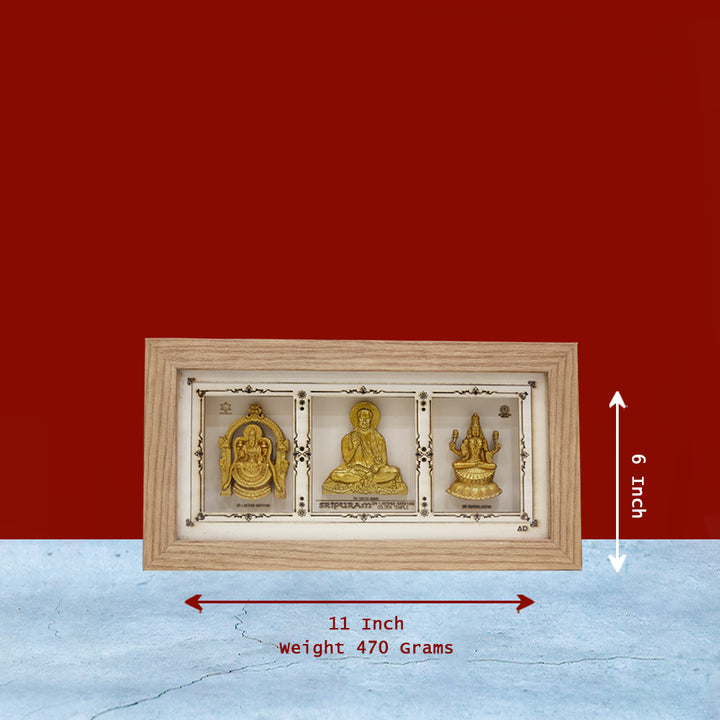 Triple Deity Wooden Frame – Lakshmi Narayani | Sakthi Amma | Swarna Lakshmi – 11" x 6"