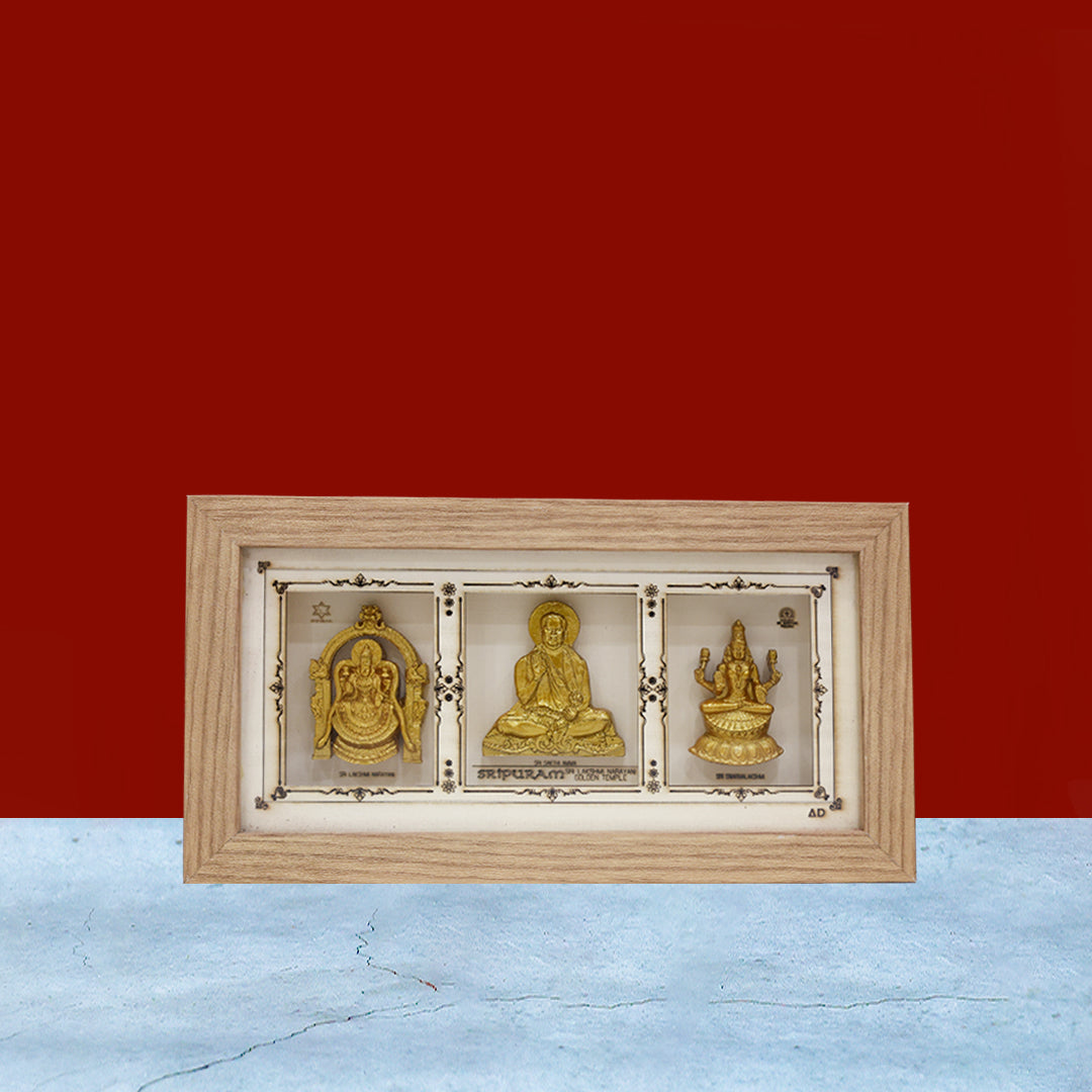Triple Deity Wooden Frame – Lakshmi Narayani | Sakthi Amma | Swarna Lakshmi – 11" x 6"