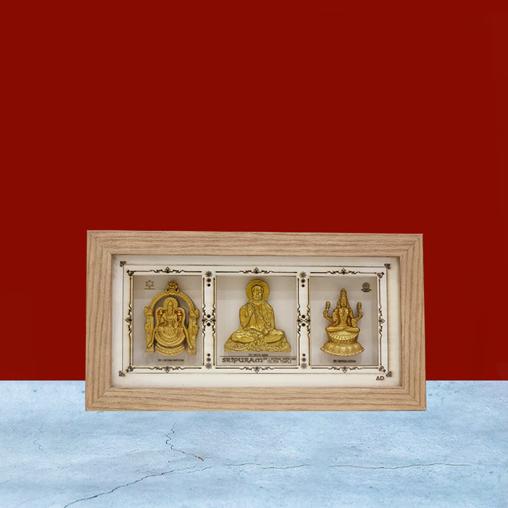 Triple Deity Wooden Frame – Lakshmi Narayani | Sakthi Amma | Swarna Lakshmi – 11" x 6"