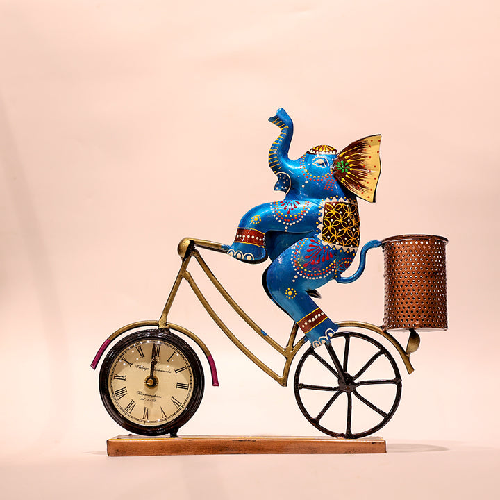 Iron Cycle Desk Organizer with Elephant, Clock & Pen Stand