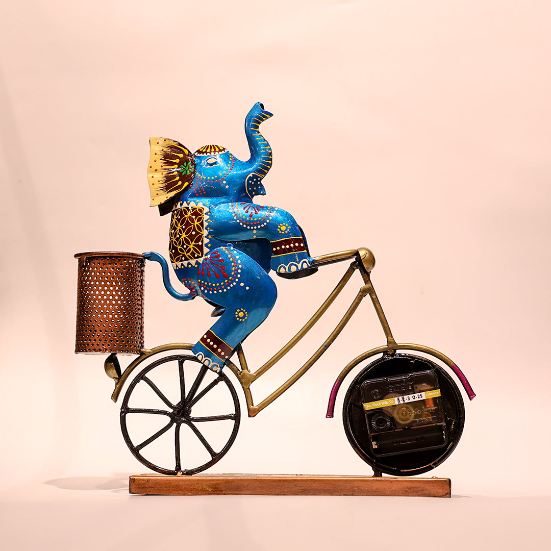 Iron Cycle Desk Organizer with Elephant, Clock & Pen Stand