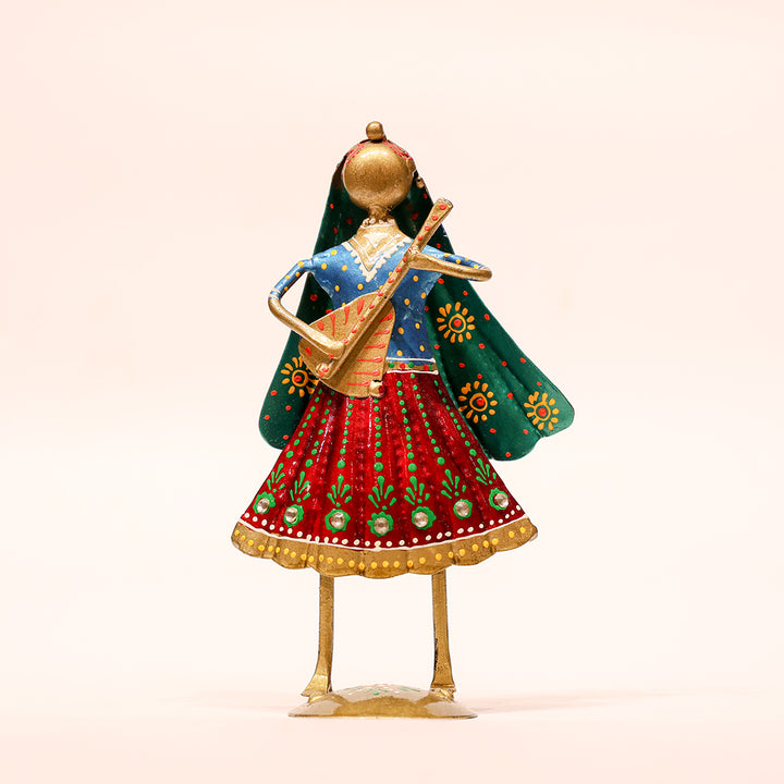 7" Hand-Painted Folk Girl Decor – Artistic Metal Figurine with Flute