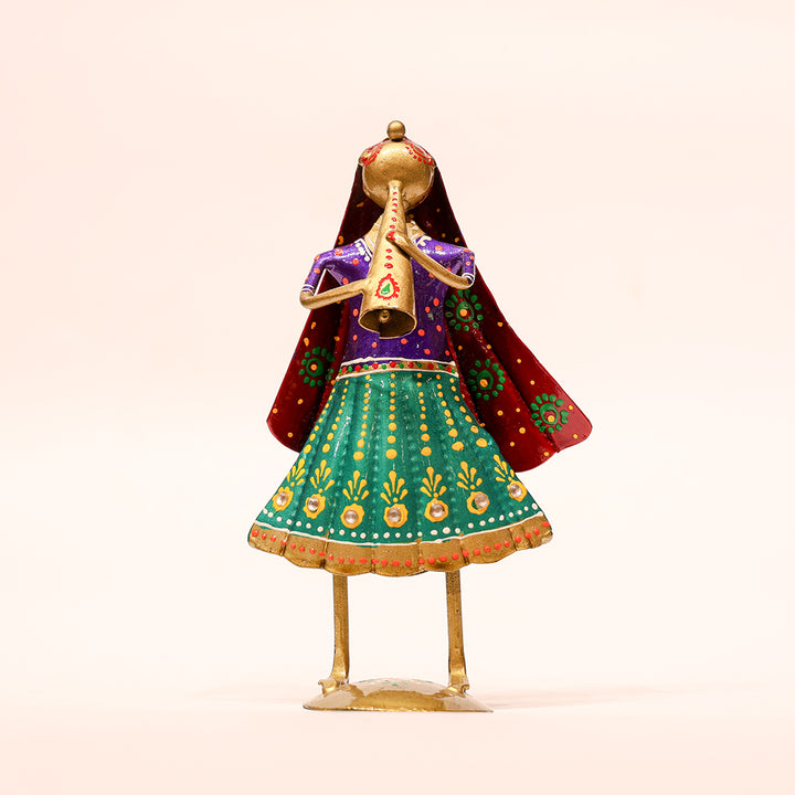 7" Hand-Painted Folk Girl Decor – Artistic Metal Figurine with Flute