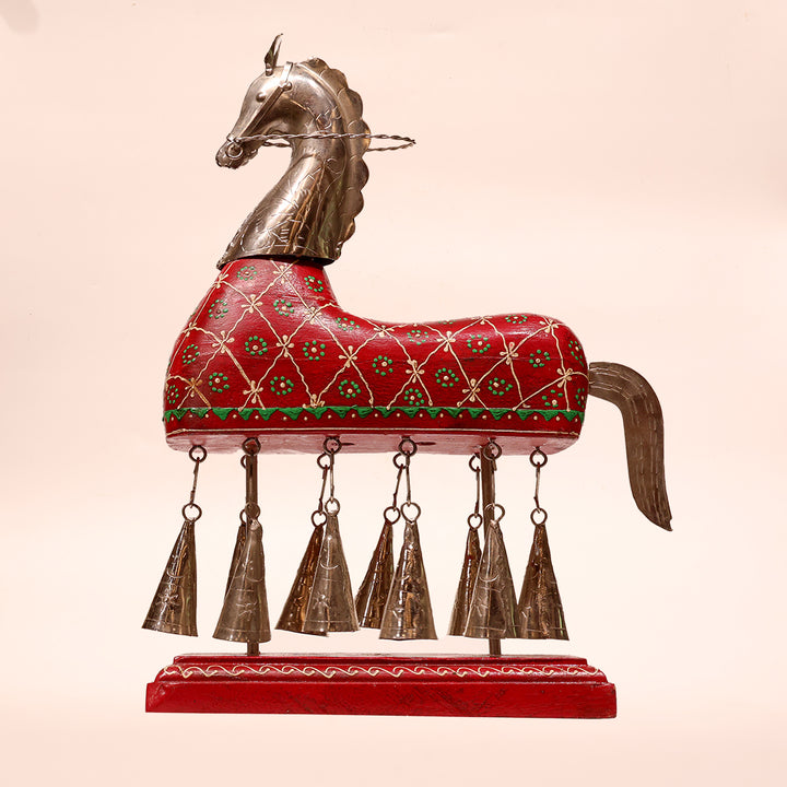 Wooden Handmade Emboss Work Bell Horse Decorative Showpiece
