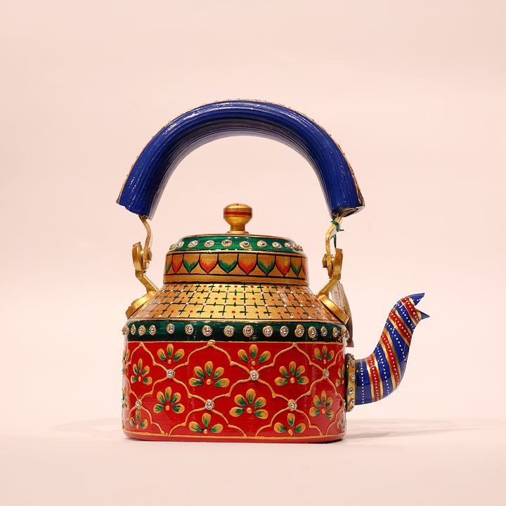 Painted Aluminium Tea Kettle with Six Glasses and Wooden Tray