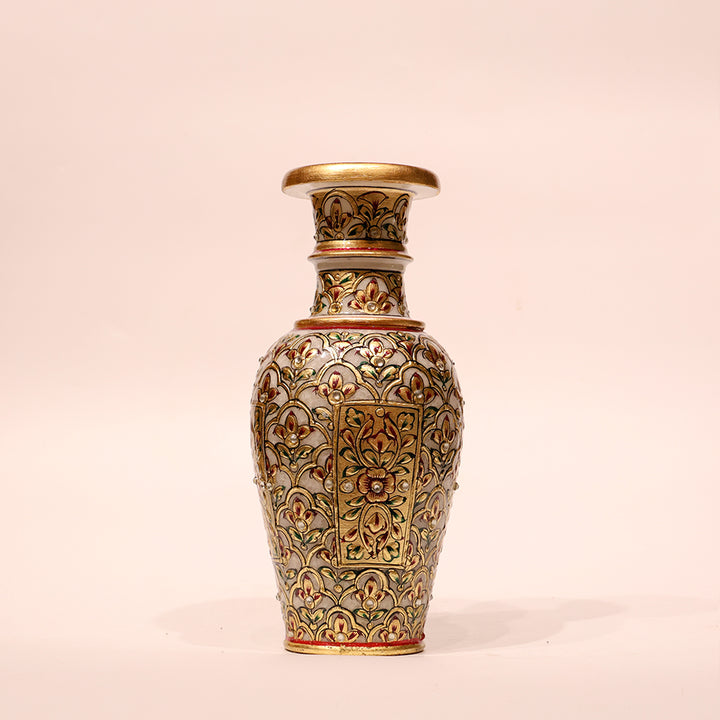 Decorative Embossed Marble Vase – 9 Inch | Intricate Floral Design for Home Décor