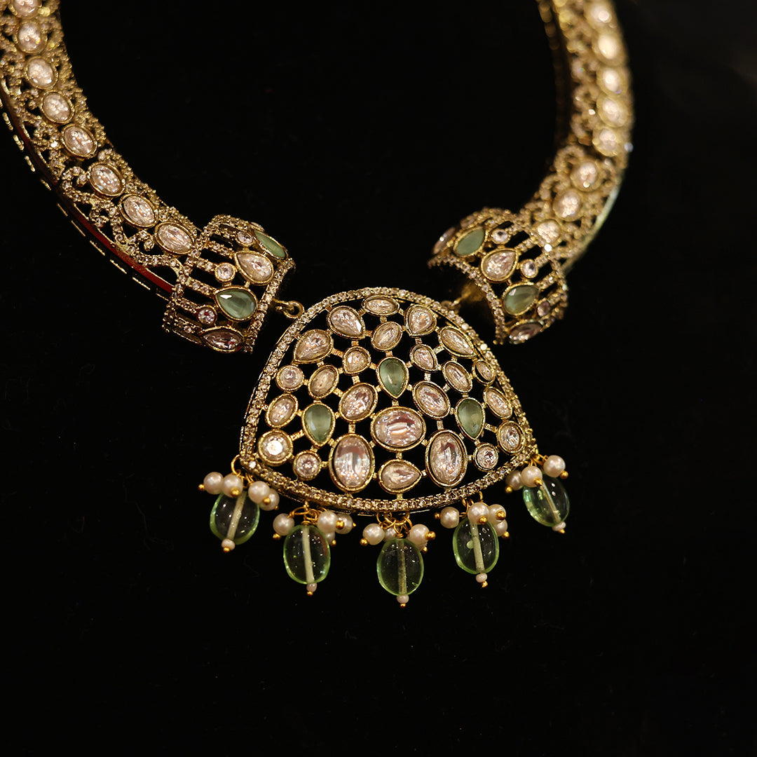 Elegant Green Kundan Necklace with Matching Jhumka Earrings