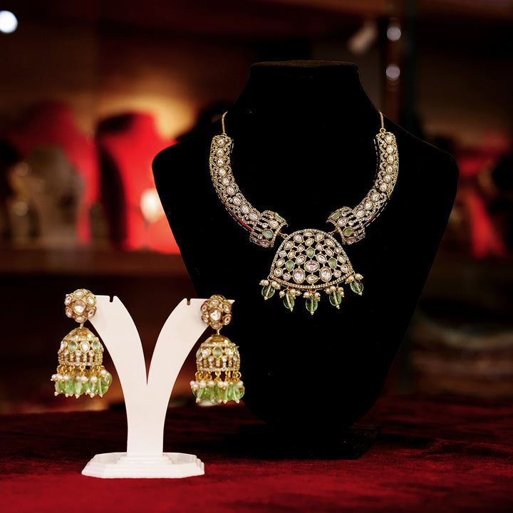 Elegant Green Kundan Necklace with Matching Jhumka Earrings