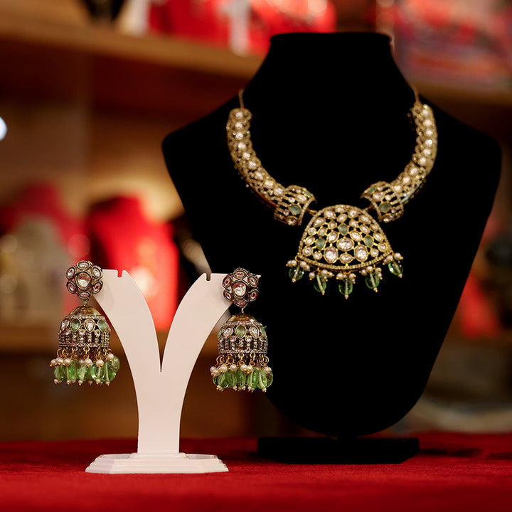 Elegant Green Kundan Necklace with Matching Jhumka Earrings