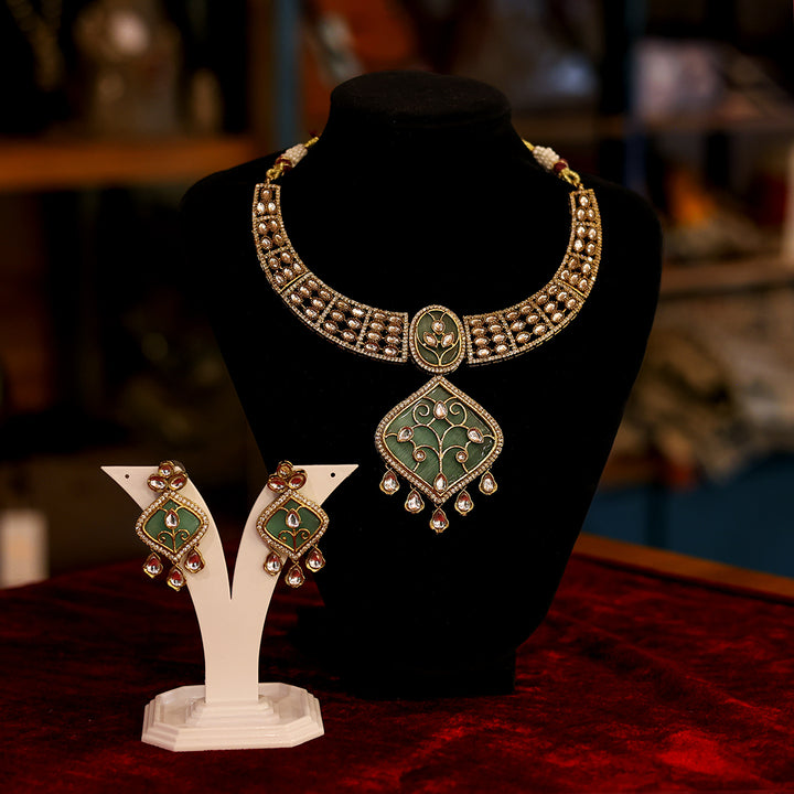 Kundan Necklace Set with Green Enamel Pendant & Earrings