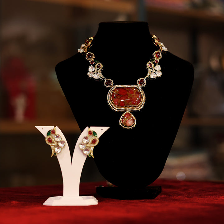 Ruby Red Kundan Necklace with Earrings