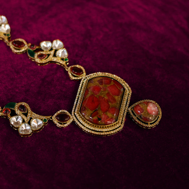 Ruby Red Kundan Necklace with Earrings
