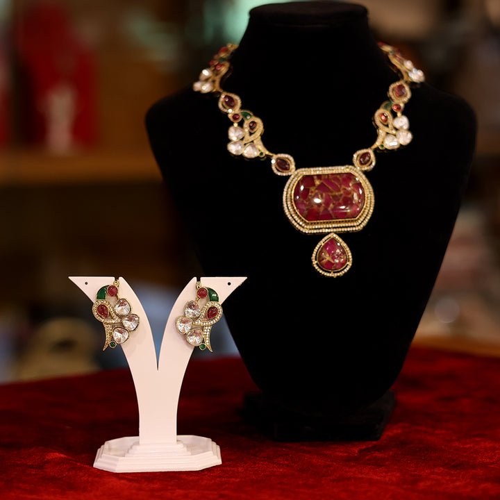 Ruby Red Kundan Necklace with Earrings