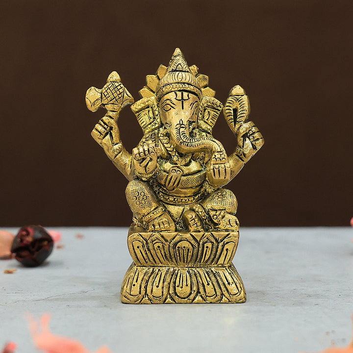 3.9" Brass Antique Square Base Ganesh Idol