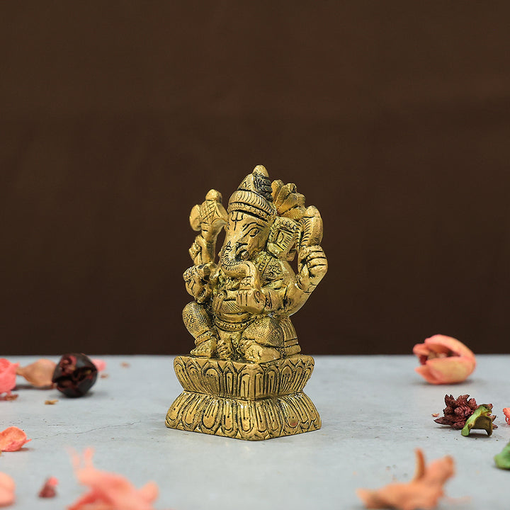 3.9" Brass Antique Square Base Ganesh Idol
