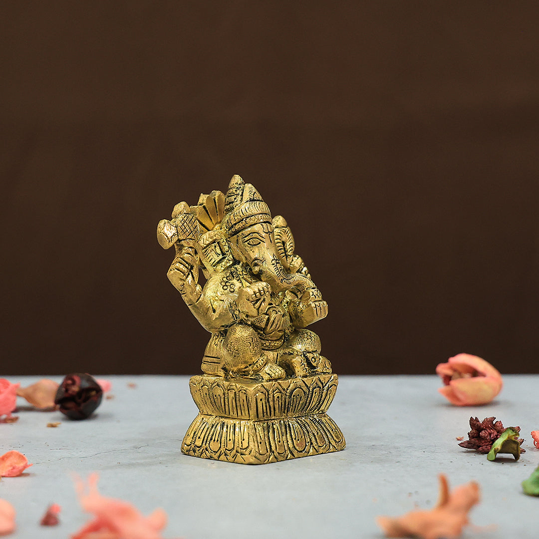 3.9" Brass Antique Square Base Ganesh Idol