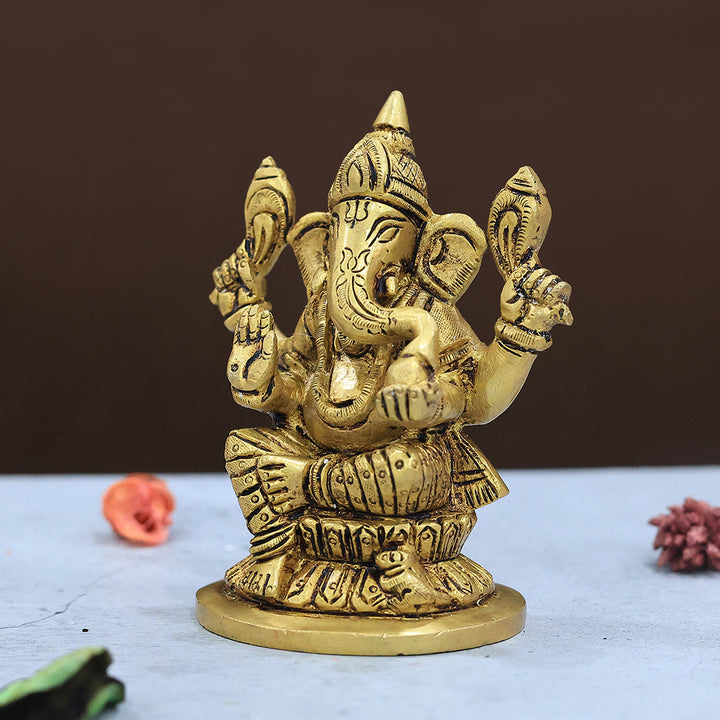 4" Brass Ganeshs with Round Base and Yellow Antique Finish