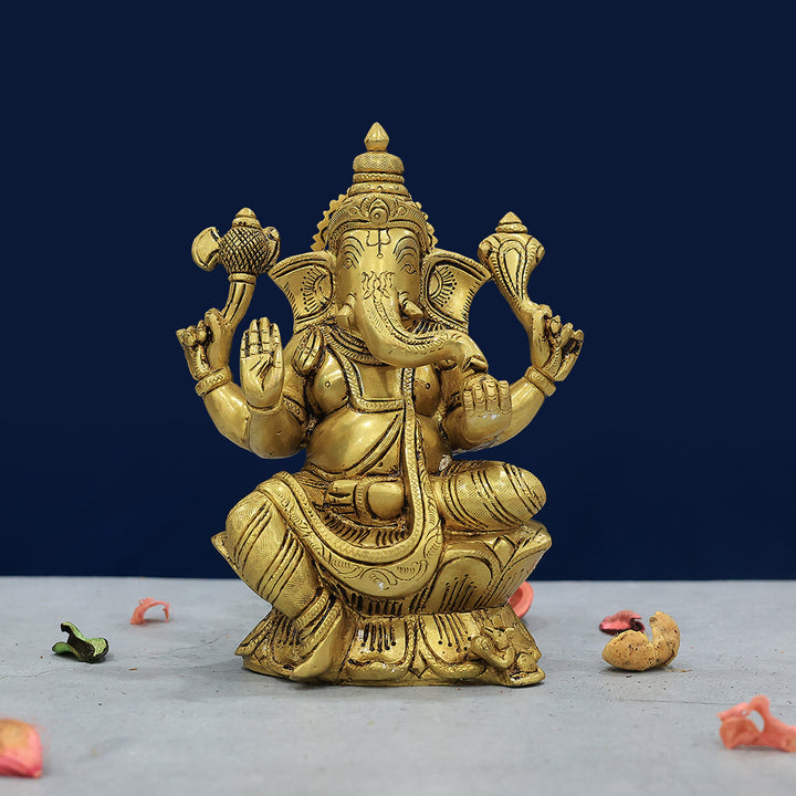 7.5” Brass Ganesh Idol With Lotus Base