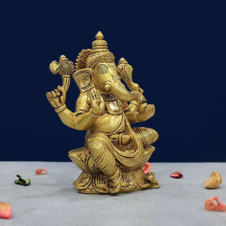 7.5” Brass Ganesh Idol With Lotus Base