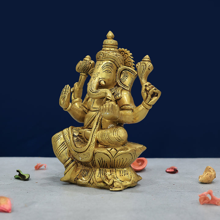 7.5” Brass Ganesh Idol With Lotus Base