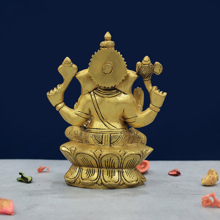 7.5” Brass Ganesh Idol With Lotus Base
