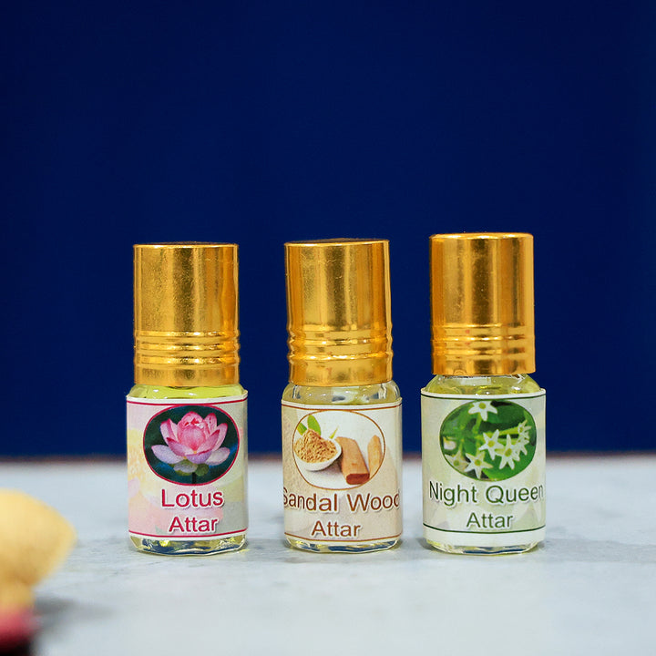 Aromatic Trio: Sandalwood, Night Queen, and Lotus Attar Pack (2ml each)